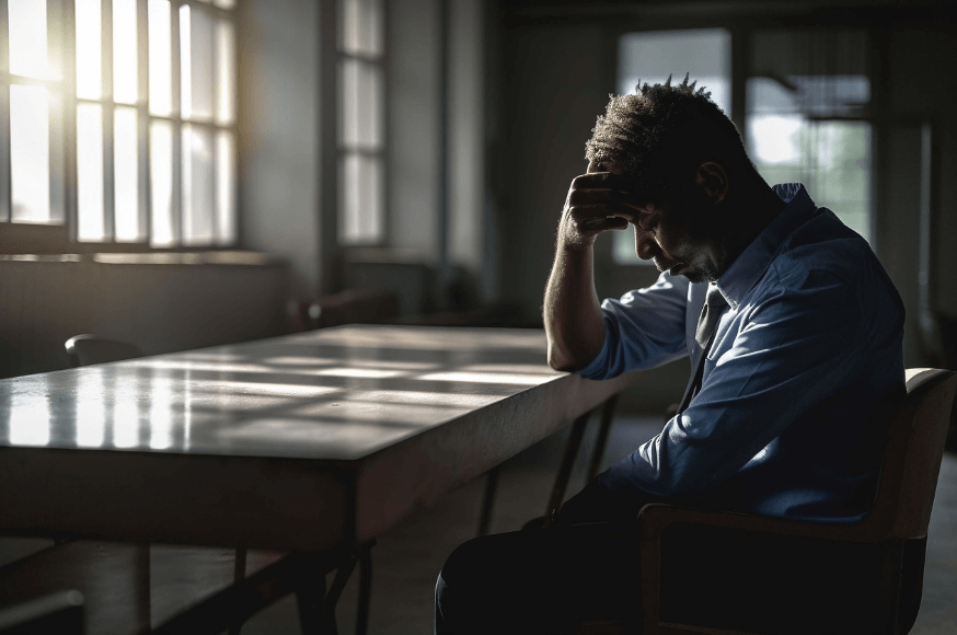 A man sits on a chair at a table, holding his head in his hands, symbolizing PTSD-related fatigue.